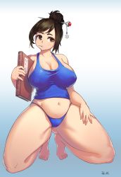 Rule 34 | 1girl, bad id, bad pixiv id, beads, book, breasts, brown eyes, brown hair, cleavage, covered erect nipples, curvy, hair bun, hair ornament, hair stick, hairpin, harry (dudwofla), highres, kneeling, korean text, large breasts, mei (overwatch), navel, no eyewear, overwatch, overwatch 1, panties, plump, single hair bun, solo, squatting, stomach, tank top, thick thighs, thighs, translation request, underwear
