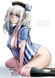 Rule 34 | 10s, 1girl, arms between legs, blue eyes, boots, bottomless, breasts, character name, cleavage, employee uniform, hat, kantai collection, kashima (kancolle), large breasts, lawson, lips, long hair, looking at viewer, nail polish, no bra, open clothes, open shirt, shirt, short sleeves, silver hair, simple background, sitting, smile, solo, souryu, striped clothes, striped shirt, twintails, uniform, vertical-striped clothes, vertical-striped shirt, wariza, wavy hair, white background