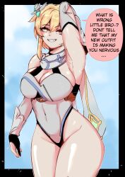 Rule 34 | 1girl, alternate costume, bare shoulders, blonde hair, breasts, cleavage, covered navel, curvy, deadcloud, elbow gloves, english text, genshin impact, gloves, highres, implied incest, large breasts, leotard, lumine (genshin impact), naughty face, scarf, shiny skin, short hair, smile, solo, speech bubble, thick thighs, thighs, wide hips, yellow eyes