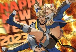 Rule 34 | 1boy, 1girl, 2023, arch bishop (ragnarok online), blonde hair, blue coat, blue eyes, blue footwear, blue shirt, blue tube top, boots, breasts, brown shorts, bun cover, chinese commentary, cleavage, coat, commentary request, cowboy shot, cropped jacket, double bun, explosion, full body, fur-trimmed footwear, fur-trimmed shorts, fur trim, hair bun, happy new year, jacket, jumping, large breasts, long sleeves, midriff, navel, new year, open clothes, open mouth, open shirt, ragnarok online, shirt, short hair, shorts, smile, strapless, tube top, white jacket, wind hawk (ragnarok online), zi tsas