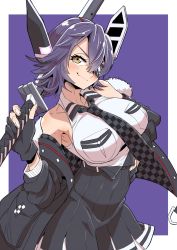 Rule 34 | 1girl, armpits, bare shoulders, black gloves, breasts, checkered clothes, checkered neckwear, commentary request, eyepatch, gloves, hand on own hip, headgear, highres, hirakata masahiro, jacket, kantai collection, large breasts, necktie, partially fingerless gloves, purple background, purple hair, remodel (kantai collection), shirt, short hair, simple background, skirt, sleeveless, sleeveless shirt, sword, tenryuu (kancolle), weapon, yellow eyes