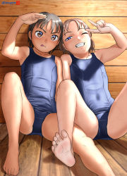 Rule 34 | 2girls, barefoot, black hair, blue eyes, blue one-piece swimsuit, breasts, brown eyes, brown hair, commentary request, covered navel, flat chest, foot focus, foreshortening, grin, highres, looking at viewer, mu-pyon, multiple girls, one-piece swimsuit, one eye closed, original, school swimsuit, shading eyes, short hair, sitting, small breasts, smile, soles, swimsuit, tan, tanline, toes, tongue, tongue out, v, wooden floor, wooden wall
