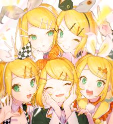 Rule 34 | 25-ji nightcord de. (project sekai), 25-ji rin, 5girls, black jacket, blonde hair, blush, bow, checkered clothes, cheek-to-cheek, choker, confetti, detached collar, facing viewer, frills, green eyes, grin, hair bow, hair ornament, hairband, hairclip, hand on another&#039;s shoulder, hand up, hands on own cheeks, hands on own face, happy, heads together, highres, jacket, jewelry, kagamine rin, leo/need (project sekai), leo/need rin, long sleeves, more more jump! (project sekai), more more jump! rin, motion blur, multiple girls, multiple persona, nail polish, one eye closed, open mouth, orange bow, orange nails, parted lips, pendant, pogpa47985618, polka dot, polka dot bow, pom pom (clothes), project sekai, short hair, smile, star (symbol), star hair ornament, swept bangs, two-tone bow, v, vivid bad squad (project sekai), vivid bad squad rin, vocaloid, waving, white background, white bow, wonderlands x showtime (project sekai), wonderlands x showtime rin