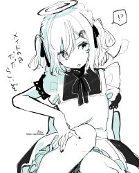 Rule 34 | !?, 1girl, absurdres, apron, copyright request, feet out of frame, frilled apron, frills, greyscale, hair ornament, hair over one eye, hairclip, halo, head tilt, highres, maid, maid apron, maid headdress, monochrome, nail polish, neck ribbon, parted lips, puffy short sleeves, puffy sleeves, ribbon, short sleeves, signature, simple background, sitting, sofra, solo, spoken interrobang, translation request, twitter username, two side up, white background