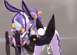 Rule 34 | aftersex, against wall, android, animal ears, bent over, rabbit ears, rabbit tail, cum, cumdrip, mecha musume, musen-shiki sanhankikan, purple hair, robot, tail, trembling, virtual on