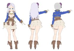 Rule 34 | 1girl, blue eyes, boots, breasts, brown footwear, closed mouth, commentary request, contemporary, contrapposto, enkyo yuuichirou, flower, from behind, gloves, grey hair, hair flower, hair ornament, high heel boots, high heels, highres, holster, layered skirt, long hair, long sleeves, looking at viewer, medium breasts, multiple views, original, parted bangs, purple flower, purple rose, rose, simple background, skirt, standing, thigh strap, white background, white gloves