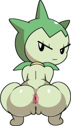 Rule 34 | 1girl, :|, annoyed, anus, back, cleft of venus, closed mouth, colored skin, completely nude, creatures (company), female focus, from behind, full body, game freak, gen 3 pokemon, green hair, green skin, green theme, jaggy lines, looking at viewer, looking back, monster girl, nintendo, nude, plant girl, pokemon, pokemon (creature), presenting, pussy, roselia (pokemon), shiny skin, short hair, simple background, solo, spiked hair, squatting, uncensored, vilepluff, white background