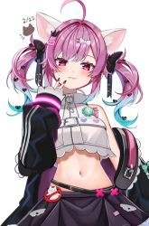 Rule 34 | 1girl, :3, ahoge, animal ears, bare shoulders, belt, belt buckle, black jacket, black skirt, bow, buckle, cat day, cat ears, cat girl, crop top, crop top overhang, dated, hair bow, hair ornament, hairclip, hand up, highres, indie virtual youtuber, jacket, kemonomimi mode, long sleeves, midriff, miniskirt, multicolored hair, nail polish, navel, off shoulder, open clothes, open jacket, pink hair, purple eyes, revealing clothes, satou pote (vtuber), satoupote, shirt, skirt, sleeveless, sleeveless shirt, smile, solo, stomach, streaked hair, twintails, two-tone hair, upper body, v, virtual youtuber, white shirt