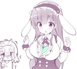 Rule 34 | 2girls, :o, alternate costume, animal ears, bad id, bad pixiv id, blunt bangs, blush, bolo tie, bra, breasts, chibi, cleavage, collared shirt, commentary request, crying, crying with eyes open, fake animal ears, fleur de lapin uniform, floppy ears, frilled cuffs, frilled shirt, frills, gochuumon wa usagi desu ka?, green bra, hairband, kirima syaro, large breasts, looking at viewer, maid headdress, monochrome, multiple girls, open mouth, partially unbuttoned, puffy short sleeves, puffy sleeves, rabbit ears, shiki (catbox230123), shirt, short hair, short sleeves, simple background, spot color, t-shirt, tears, trembling, ujimatsu chiya, underbust, underwear, upper body, wardrobe malfunction, wavy hair, white background, wing collar, wrist cuffs