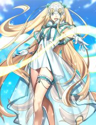 Rule 34 | 1girl, :d, absurdly long hair, blonde hair, blue eyes, blue sky, blurry, blurry background, breasts, chietori, cleavage, clothing cutout, day, dress, fate/grand order, fate (series), floating hair, from below, headpiece, highres, jeanne d&#039;arc (fate), jeanne d&#039;arc (ruler) (fate), jeanne d&#039;arc (swimsuit archer) (fate), jeanne d&#039;arc (swimsuit archer) (third ascension) (fate), long hair, looking at viewer, medium breasts, midriff, navel, navel cutout, open mouth, outdoors, see-through, short dress, sky, sleeveless, sleeveless dress, smile, solo, standing, stomach, thigh strap, very long hair, white dress