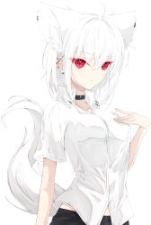 Rule 34 | 1girl, absurdres, ahoge, animal ear fluff, animal ears, black choker, choker, collarbone, collared shirt, colored eyelashes, ear piercing, earrings, extra ears, frown, hair between eyes, hand on own chest, hand up, highres, jewelry, looking at viewer, medium hair, original, piercing, red eyes, shirt, short sleeves, simple background, solo, sumishi (sumisi 3), tail, tail raised, upper body, white background, white hair, white shirt