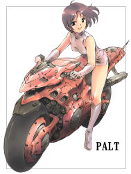 Rule 34 | 1girl, :d, bare shoulders, black eyes, black hair, boots, border, dress, earrings, elbow gloves, gloves, highres, jewelry, knee boots, long legs, moriguchi nao (naonao), motor vehicle, motorcycle, naonao77, open mouth, original, outside border, riding, shiny skin, short dress, short hair, simple background, sleeveless, smile, solo, vehicle, white background, white gloves
