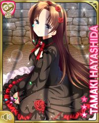 Rule 34 | 1girl, black dress, bow, brown hair, character name, crying, dress, dungeon, girlfriend (kari), gothic lolita, grey background, grey eyes, hayashida tamaki, indoors, jewelry, kneeling, lolita fashion, long hair, looking at viewer, night, official art, open mouth, qp:flapper, red bow, tagme