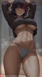 Rule 34 | 1girl, arms up, black hair, black sailor collar, black shirt, blue eyes, blurry, blurry background, breasts, cameltoe, closed mouth, cropped shirt, curvy, gluteal fold, groin, hair between eyes, highres, indoors, kill la kill, large breasts, looking at viewer, matoi ryuuko, multicolored hair, navel, oroborus, paid reward available, panties, patreon username, red hair, sailor collar, school uniform, serafuku, shirt, shirt overhang, short hair, short sleeves, solo, steaming body, streaked hair, striped clothes, striped panties, thick thighs, thighs, underboob, underwear, wide hips