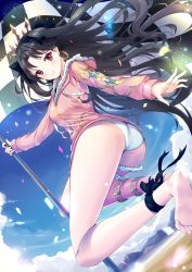 Rule 34 | 1girl, ass, barefoot, black hair, blush, checkered flag, closed mouth, dutch angle, fate/grand order, fate (series), flag, floating hair, fur trim, highres, holding, holding flag, hood, hoodie, ishtar (fate), ishtar (swimsuit rider) (fate), long hair, looking at viewer, looking back, one-piece swimsuit, parted bangs, pdxen, red eyes, sidelocks, smile, solo, swimsuit, thighhighs, thighs, tohsaka rin, twisted torso, two side up, white one-piece swimsuit