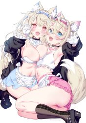 Rule 34 | 2girls, absurdres, animal ear fluff, animal ears, bandaid, bandaid hair ornament, belt, belt collar, black collar, blonde hair, blue eyes, blue hair, breasts, cleavage, collar, colored inner animal ears, dog ears, dog girl, dog tail, frilled shorts, frills, fuwawa abyssgard, hair ornament, hairband, headband, highres, hololive, hololive english, horn hairband, kamiya maneki, large breasts, long hair, looking at viewer, mococo abyssgard, multicolored hair, multiple girls, navel, open mouth, pink belt, pink eyes, pink hair, pink hairband, pink headband, shorts, siblings, simple background, sisters, streaked hair, tail, thighs, twins, virtual youtuber, white background, x hair ornament
