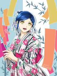 Rule 34 | 1girl, :d, blue hair, braid, dated, floral print, flower, hair flower, hair ornament, honzuki no gekokujou, japanese clothes, kimono, long sleeves, myne (honzuki no gekokujou), open mouth, outline, parted bangs, print kimono, short hair, sidelocks, smile, solo, standing, striped clothes, striped kimono, tanabata, twitter username, white flower, white kimono, wide sleeves, yellow eyes, yuuko24