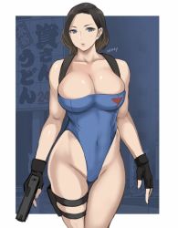 Rule 34 | 1girl, breasts, brown hair, capcom, cleavage, gun, jill valentine, large breasts, leotard, resident evil, resident evil 3: nemesis, shibusun, solo, standing, weapon