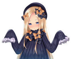 Rule 34 | 1girl, abigail williams (fate), black bow, black dress, black hat, blonde hair, blue eyes, blush, bow, dress, fate/grand order, fate (series), forehead, hair bow, hands up, hat, long hair, long sleeves, nose blush, orange bow, parted bangs, parted lips, polka dot, polka dot bow, puririn, simple background, sleeves past fingers, sleeves past wrists, solo, very long hair, white background