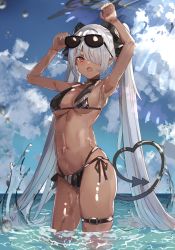 Rule 34 | 1girl, absurdres, arms up, bikini, black bikini, blue archive, blue sky, breasts, brown eyes, cleavage, cloud, dark-skinned female, dark skin, eyewear on head, grey hair, hair over one eye, heart, heart tail, highres, horizon, iori (blue archive), iori (swimsuit) (blue archive), leg strap, long hair, looking at viewer, medium breasts, multi-strapped bikini bottom, navel, ocean, open mouth, outdoors, partially submerged, pointy ears, sky, solo, standing, sunglasses, swimsuit, tail, the olphy, thigh strap, twintails, v-shaped eyebrows, very long hair