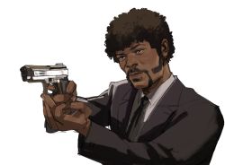 Rule 34 | 1boy, absurdres, afro, black eyes, black hair, black jacket, black necktie, black suit, closed mouth, collared shirt, commentary, ctstudio (executional), dark-skinned male, dark skin, english commentary, facial hair, formal, from side, gun, highres, holding, holding gun, holding weapon, jacket, jules winnfield, lips, looking to the side, male focus, mustache, necktie, pulp fiction, serious, shirt, sideburns, simple background, solo, suit, upper body, weapon, white background, white shirt