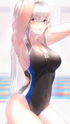 Rule 34 | 1girl, armpits, arms up, bare arms, bare shoulders, black one-piece swimsuit, blue eyes, blurry, breasts, cleavage, closed mouth, commentary request, competition swimsuit, covered navel, cowboy shot, depth of field, highres, kfr, large breasts, long hair, looking at viewer, one-piece swimsuit, original, ponytail, pool, silver hair, solo, swimsuit, thighs, wet, wet clothes, wet swimsuit