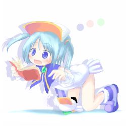 Rule 34 | 00s, 1girl, :o, ah-kun, bent over, blue eyes, blue hair, book, brooch, dress, full body, gem, holding, holding book, jewelry, kneeling, long sleeves, lowres, matching hair/eyes, moetan, open book, open mouth, pastel ink, reading, shoes, short hair, sidelocks, solo, tsubasa (abchipika), twintails, visor cap, white dress
