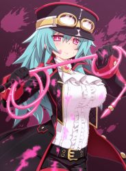Rule 34 | 1girl, blood, blue hair, blush, goggles, hat, mary skelter, mizunashi (second run), red eyes, sleeping beauty (mary skelter), slit pupils, solo, whip