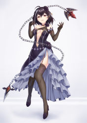 Rule 34 | 1girl, absurdres, bad id, bad pixiv id, bare shoulders, black collar, black dress, black flower, black footwear, black gloves, black hair, black rose, black thighhighs, breasts, chain, clothing cutout, collar, commentary request, dress, elbow gloves, flower, full body, garter straps, gloves, grey background, grey hair, hair between eyes, hair flower, hair ornament, hands up, high heels, highres, huge filesize, king&#039;s raid, looking at viewer, medium breasts, multicolored hair, navel, navel cutout, parted lips, ponta (velmar), red eyes, rose, single strap, sleeveless, sleeveless dress, smile, solo, streaked hair, thighhighs, xerah (king&#039;s raid)