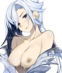 Rule 34 | 1girl, absurdres, arlecchino (genshin impact), black eyes, black hair, breasts, commentary, cum, cum on body, cum on breasts, cum on upper body, earrings, genshin impact, head tilt, highres, jacket, jewelry, keiryuu seo, large breasts, looking at viewer, low ponytail, multicolored hair, nipples, off shoulder, red pupils, solo, symbol-shaped pupils, upper body, white hair, x-shaped pupils