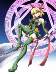 Rule 34 | 1girl, alternate costume, bad id, bad pixiv id, bare shoulders, blonde hair, bodysuit, boots, commentary request, cosplay, green eyes, green footwear, green skirt, green thighhighs, looking at viewer, magic circle, magical girl, mahou shoujo ai, miniskirt, mizuhashi parsee, ootsuki wataru, pointy ears, polearm, ribbon, short hair, skirt, smile, solo, spear, thigh boots, thighhighs, touhou, weapon