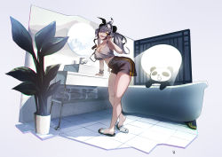 Rule 34 | 1girl, animal ears, arknights, arm support, barefoot sandals (jewelry), bathroom, bathtub, black shorts, breasts, cleavage, feater (arknights), grey hair, highres, large breasts, long hair, looking at viewer, midriff, mirror, open mouth, panda, panda ears, panda girl, plant, razu (rus), sandals, shorts, standing, thick thighs, thighs, toothbrush, toothbrush in mouth, wrist cuffs, yellow eyes