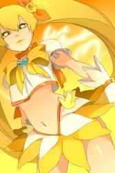 Rule 34 | 10s, 1girl, blonde hair, bow, brooch, choker, crop top, cure sunshine, dress, hair ribbon, heart, heart-shaped pupils, heart brooch, heartcatch precure!, jewelry, long hair, magical girl, midriff, myoudouin itsuki, navel, orange bow, precure, ribbon, rocd, smile, solo, symbol-shaped pupils, twintails, wrist cuffs, yellow bow, yellow eyes, yellow theme