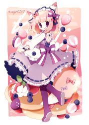 Rule 34 | 1girl, animal ears, boots, bow, dress, food, frilled dress, frills, fruit, hair bow, hair ribbon, highres, holding clothes, holding dress, long sleeves, looking at viewer, original, ribbon, saijo1201, short hair, smile, solo, standing, strawberry, tail, tongue, tongue out, twitter username