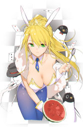 Rule 34 | 1girl, animal ears, artoria pendragon (all), artoria pendragon (fate), artoria pendragon (swimsuit ruler) (fate), bare shoulders, bird, blonde hair, blue necktie, blue pantyhose, breasts, cleavage, crown, detached collar, fake animal ears, fate/grand order, fate (series), food, fruit, fruit cup, green eyes, hair between eyes, highres, large breasts, leaning forward, leotard, long hair, looking at viewer, necktie, neee-t, pantyhose, penguin, playboy bunny, ponytail, rabbit ears, solo, spoon, watermelon, white leotard, wrist cuffs