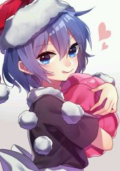 Rule 34 | 1girl, black dress, blob, blue eyes, blue hair, doremy sweet, dress, from side, hair between eyes, hat, heart, hug, licking lips, looking at viewer, matching hair/eyes, nightcap, pom pom (clothes), renka (sutegoma25), short hair, short sleeves, solo, tongue, tongue out, touhou, upper body