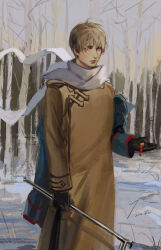 Rule 34 | 1boy, 2019, arm at side, arrow (symbol), axis powers hetalia, badge, bare tree, black gloves, blonde hair, blue jacket, brown coat, closed mouth, coat, daligaoxin163, dated, expressionless, finland (hetalia), forest, gloves, highres, holding, holding badge, jacket, long sleeves, looking at viewer, male focus, nature, outdoors, painterly, purple eyes, scarf, short hair, signature, solo, standing, tree, unworn jacket, white scarf