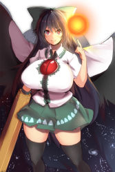 Rule 34 | 1girl, arm cannon, black hair, black thighhighs, breasts, huge breasts, long hair, looking at viewer, magister, red eyes, reiuji utsuho, skirt, smile, solo, space, thighhighs, thighs, touhou, very long hair, weapon, wings