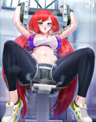 Rule 34 | abs, ahoge, alternate costume, artist name, blurry, blurry background, blush, breasts, commentary, covered erect nipples, dragon tattoo, elly (vtuber), english commentary, female pubic hair, green eyes, gym, highres, indie virtual youtuber, jnstudio, large breasts, leggings, looking at viewer, muscular, muscular female, nipples, no bra, pubic hair, short shorts, short sleeves, shorts, sitting, sweat, sweatdrop, tattoo, virtual youtuber