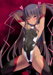 Rule 34 | 1girl, armpits, arms behind head, black hair, black thighhighs, blush, breasts, covered erect nipples, covered navel, dark-skinned female, dark skin, grin, hair ribbon, half-closed eyes, highleg, highleg leotard, highres, impossible clothes, impossible leotard, kneeling, leotard, long hair, looking at viewer, mizuki yukikaze, okuri banto, one-piece tan, parted lips, red eyes, ribbon, seductive smile, small breasts, smile, solo, spread legs, squatting, taimanin (series), taimanin suit, taimanin yukikaze, tan, tanline, thighhighs, two side up