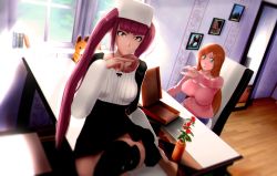 Rule 34 | 2girls, 3d, artist request, bleach, blush, boots, breasts, desk, dokugamine riruka, dress, food, hat, highres, holding, holding food, inoue orihime, large breasts, long hair, looking at another, looking at viewer, multiple girls, on desk, orange hair, pink eyes, pink hair, simple background, sitting, on desk, standing, tsundere, twintails, window