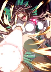 Rule 34 | 1girl, arm cannon, bow, brown hair, cape, crazy, empty eyes, female focus, hair bow, highres, iwanori, long hair, radiation symbol, red eyes, reiuji utsuho, ribbon, skirt, smile, socks, solo, symbol-shaped pupils, touhou, weapon, wings