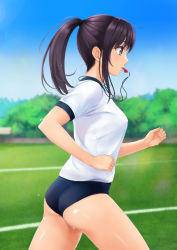 Rule 34 | 1girl, ass, black hair, blouse, blue buruma, blue eyes, blue sky, blurry, blurry background, breasts, buruma, commentary request, covered erect nipples, day, depth of field, flying sweatdrops, gym shirt, gym uniform, highres, long hair, medium breasts, nonaka ritsu, original, outdoors, ponytail, profile, running, shiny skin, shirt, short sleeves, sidelocks, sky, solo, sweat, whistle, whistle around neck, white shirt