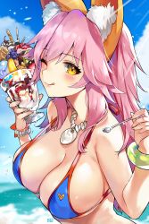 Rule 34 | 1girl, alracoco, animal ear fluff, animal ears, bare shoulders, beach, bikini, bikini top only, blue bikini, blue sky, blush, bracelet, breasts, cleavage, cloud, day, dessert, fate/grand order, fate (series), food, fox ears, fox girl, fruit, halterneck, highres, holding, holding spoon, ice cream, jewelry, large breasts, licking lips, long hair, looking at viewer, necklace, one eye closed, parfait, pink hair, shore, sideboob, sky, spoon, strawberry, swimsuit, tamamo (fate), tamamo no mae (fate/extra), tamamo no mae (swimsuit lancer) (fate), tongue, tongue out, wafer, water, waves, yellow eyes