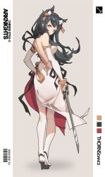 Rule 34 | 1girl, animal ear fluff, animal ears, arknights, backless dress, backless outfit, barcode, black bow, black hair, bow, brown eyes, dated, detached sleeves, dress, english text, from behind, full body, hair ornament, high heels, highres, holding, holding sword, holding weapon, ibara dance, long hair, looking at viewer, looking back, solo, sword, texas (arknights), weapon, wolf ears
