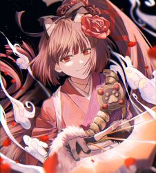 Rule 34 | 1girl, animal ear fluff, animal ears, black background, black gloves, brown hair, commentary request, fate/grand order, fate (series), flower, folding fan, gloves, hair flower, hair ornament, hand fan, highres, japanese clothes, kimono, kyokutei bakin (fate), long hair, looking at viewer, partially fingerless gloves, paw print, poshi00, red flower, red kimono, rope, solo, upper body, very long hair, wind