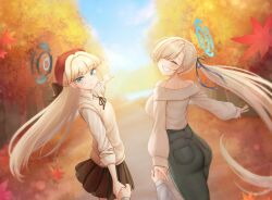 Rule 34 | 2girls, asuna (blue archive), autumn, autumn leaves, beret, black pants, black skirt, blonde hair, blue archive, blue eyes, blue halo, breasts, closed eyes, day, greenteamousou, grin, hair over one eye, halo, hat, highres, large breasts, leaf, long hair, long sleeves, maple leaf, multiple girls, outdoors, pants, parted lips, pleated skirt, red headwear, shirt, skirt, smile, toki (blue archive), vest, white shirt, white vest