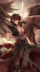 Rule 34 | 1boy, bandages, bandana, bird, brown hair, brown wings, day, eagle, feathered wings, fimyuan, fire emblem, fire emblem: path of radiance, floating hair, grey pants, highres, holding, holding sword, holding weapon, male focus, nintendo, outdoors, pants, pointy ears, scar, solo, sword, tibarn, weapon, wings