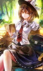 Rule 34 | 1girl, bag, bench, book, bow, brown eyes, brown hair, hair bow, hair ornament, hat, hat ribbon, juliet sleeves, kozou (soumuden), long sleeves, looking at viewer, nature, necktie, open book, parted lips, puffy sleeves, ribbon, shirt, short hair, sitting, skirt, smile, solo, touhou, tree, usami renko, white shirt