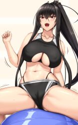 Rule 34 | 1girl, akitsuki karasu, ball, bare arms, bare shoulders, black buruma, black sports bra, blush, breasts, buruma, cameltoe, clothing cutout, collarbone, commentary request, exercise ball, hand up, highres, kurochijo, large breasts, long hair, looking at viewer, open mouth, original, ponytail, sitting, smile, sports bra, spread legs, thighs, underboob cutout